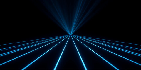 Fototapeta premium A symmetrical composition of sharp blue laser beams converge towards a central point, creating a futuristic and abstract digital art piece.