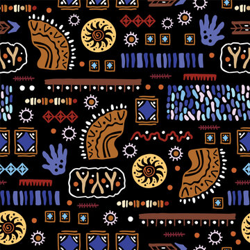 African ethnic vector seamless pattern. Geometric abstraction inspired by the peoples of Africa. Spiral, dot, line. Vibrant Covers with tribal motifs. Multicolored zigzag border. 