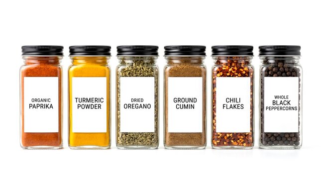Six organized glass spice jars with minimalist white labels and black lids featuring colorful culinary ingredients arranged in a neat row against white background