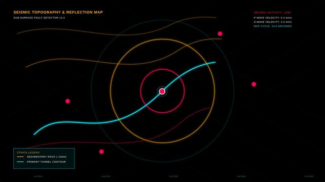 Abstract Seismic Topography Map Display with Glowing Geological Data Lines on Dark Background