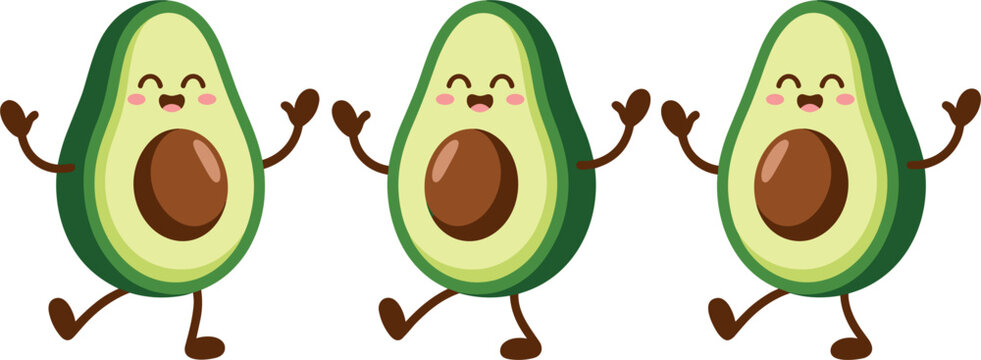 Cute cartoon avocado character dancing with happy face for kids food and fruit design