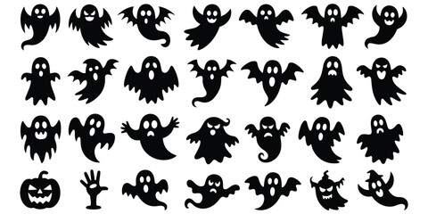 Obraz premium A large collection of various black silhouette ghost characters, flying bats, and a jack-o-lantern, isolated on a white background, halloween themed projects