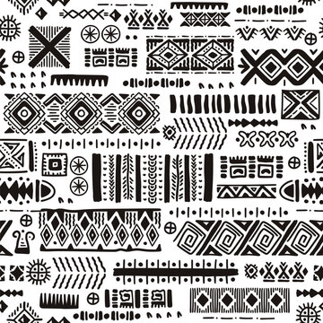 African ethnic vector seamless pattern. Geometric abstraction inspired by the peoples of Africa. Spiral, dot, line. Vibrant Covers with tribal motifs. Multicolored zigzag border. 