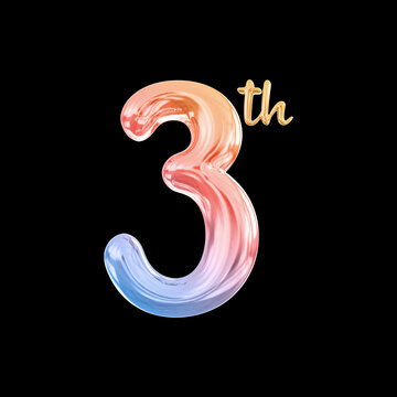gradient number three featuring glossy liquid texture and golden superscript lettering isolated on black background