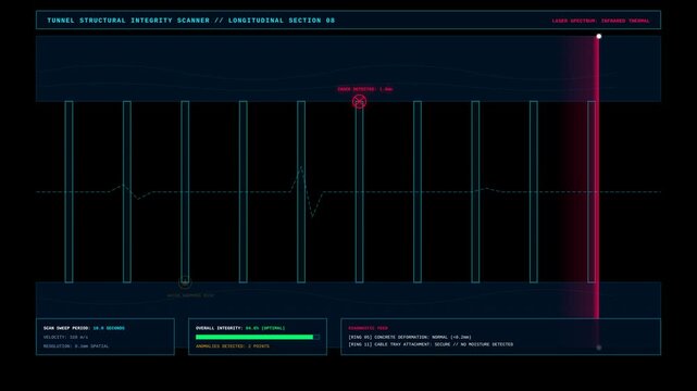 Futuristic Digital Tunnel Structural Integrity Scanner Interface Scanning Data Visualization Motion