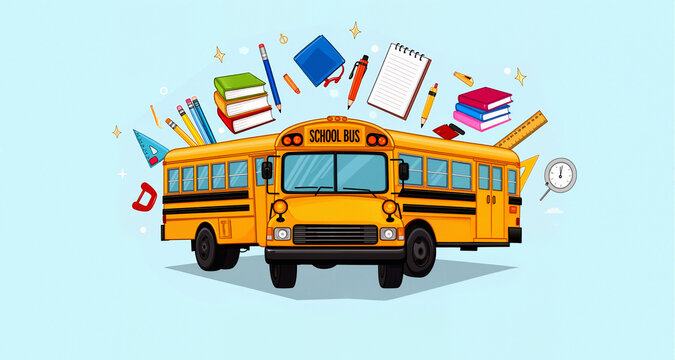School bus, back to school concept illustration with icons of supplies and books. Vector background design
