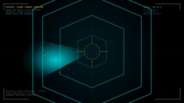 Futuristic Lidar Tunnel Mapping Interface Scanning Deep Underground Geological Strata Data Overlay