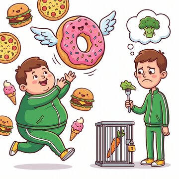 A colorful vector illustration depicting a person struggling to resist pizza, burgers, ice cream, and donuts while choosing healthy vegetables, symbolizing diet temptation and healthy eating