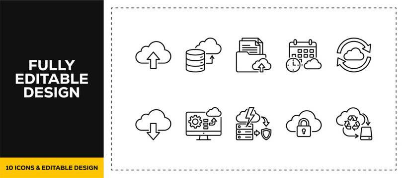 flat vector illustration line art icon bundle set design showcasing database server racks cloud syncing and information storage symbols for digital data app icons
