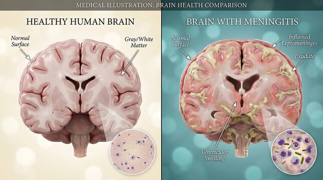 Healthy Brain Versus Meningitis Purulent Exudate and Leptomeningeal Inflammation