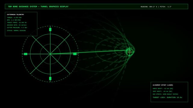 Futuristic Tunnel Boring Machine Guidance System Display with Digital HUD Interface and Telemetry