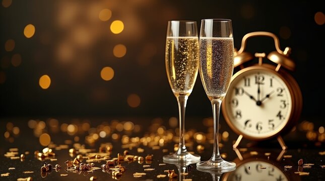 Festive Champagne Toast With Gold Confetti And Clock
