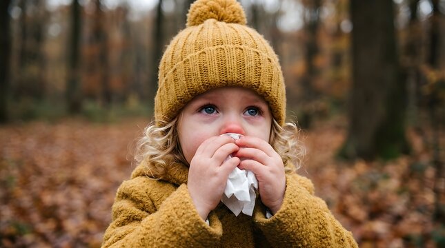 Little toddler with seasonal cold blowing nose with white tissue in autumn forest park outdoors