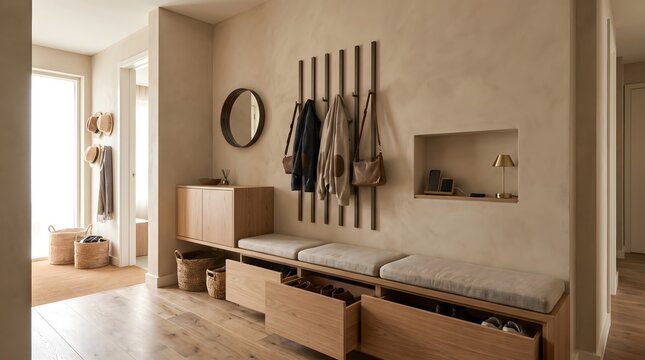 Modern minimalist entryway with wooden bench and coat hooks.