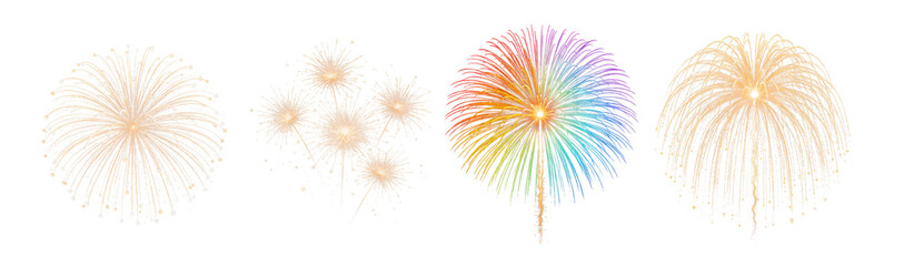 Fototapeta premium Golden and Rainbow Fireworks Collection | Colorful Celebration Firework PNG