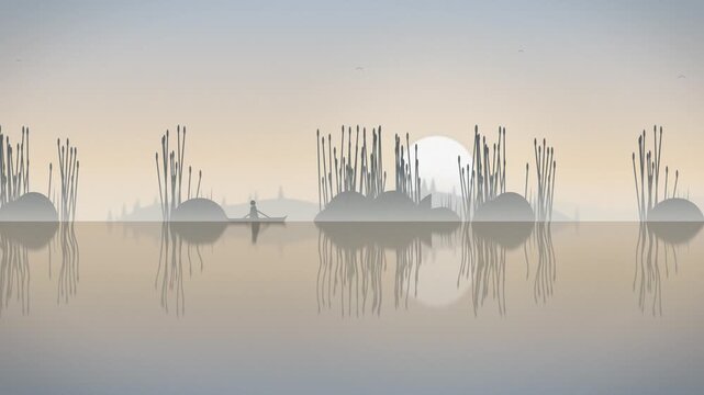 Serene landscape with boat and reed reflections on calm water. 2d animation