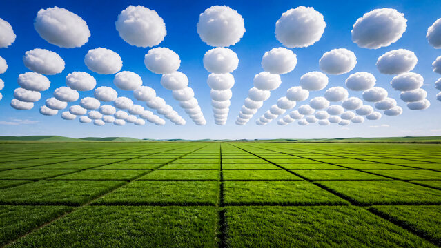 Terrain d'herbe quadrill&eacute; avec nuages en forme de boules