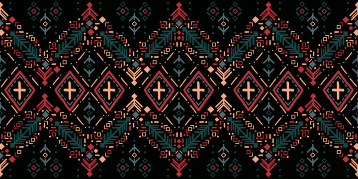 Vibrant ethnic patterns. Covers with tribal motifs. Vector geometric abstract seamless pattern. Zigzags. Highly detailed. Mayan and Aztec. Chevron background. Craft drawing. Horizontal border