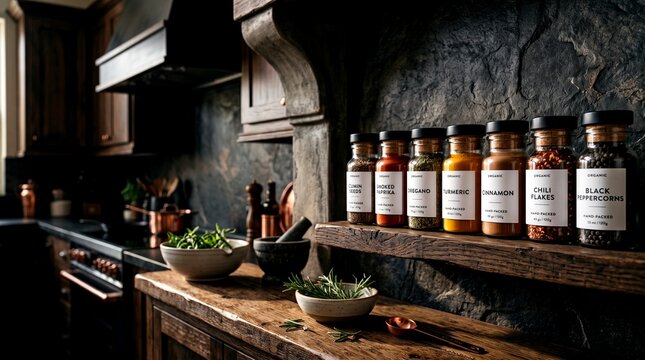Organic spice jars with minimalist labels arranged on rustic wooden shelf in dark moody gourmet kitchen with stone walls and copper accents