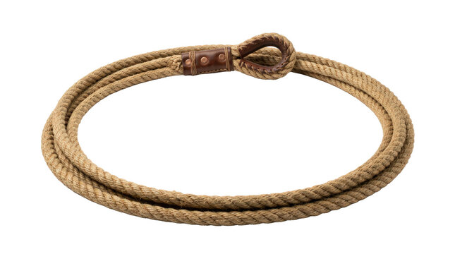 Coiled lasso rope with leather eyelet isolated on transparent background