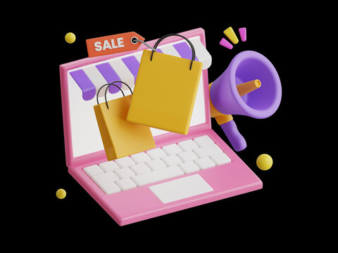 Pink laptop with yellow shopping bags and purple megaphone promoting a vibrant digital retail sale event