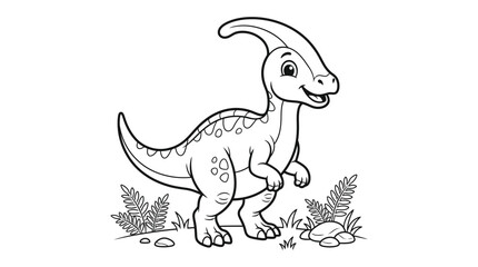 Fototapeta premium Charming illustration of a corythosaurus dinosaur with grass in black and white