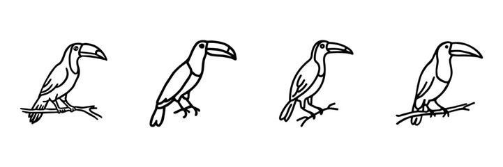 Naklejka premium Toucan Bird Hand Drawn Doodle Icon Set. Perched, Standing And Tropical Wildlife Sketch Symbol Collection. Nature And Ornithology. Isolated Vector Illustration
