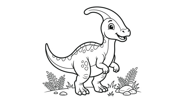 Charming illustration of a corythosaurus dinosaur with grass in black and white