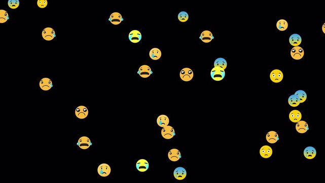 Unhappy emoji faces with tears and worried expressions move dynamically upward, representing sadness and emotional reactions for digital media projects.