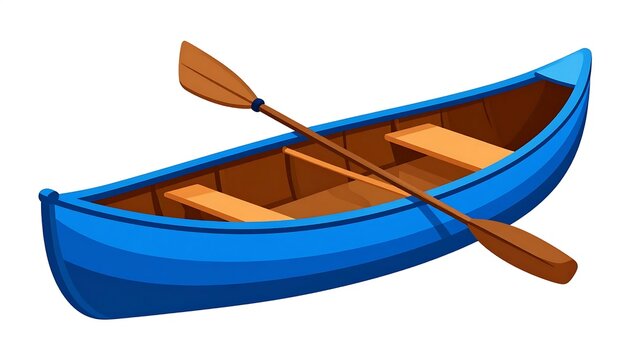 Blue and brown wooden rowboat on white background.