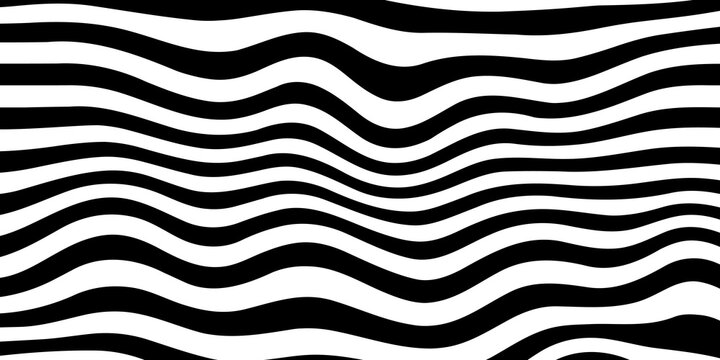 Black and white wavy stripes pattern. Abstract horizontal lines creating optical illusion and modern minimalist design. Seamless vector background for textile, wallpaper, or graphic design projects