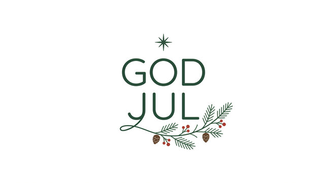 God Jul Scandinavian Christmas greeting card with minimalist green typography festive star pine branches cones and red berries on white background