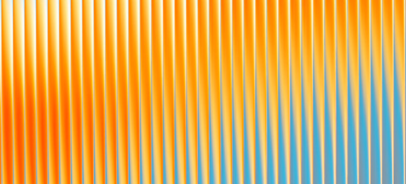 Abstract sunrise warm tones gradient with fractal glass effect. Futuristic glossy texture with glowing vertical lines. Dynamic pattern. Summer glass ripple gradient. Vector illustration