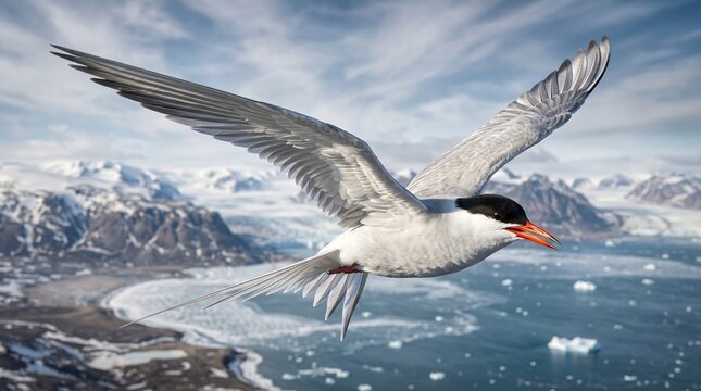 Arctic Tern flying over snowy landscape in the wild