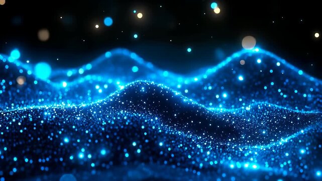 Abstract glowing blue particle wave background with cinematic bokeh and copy space. High-tech AI fluidity and 6G data stream loopable video preview for futuristic tech concepts.