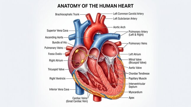 Human heart anatomical structure with detailed labels and blood flow vector illustration.