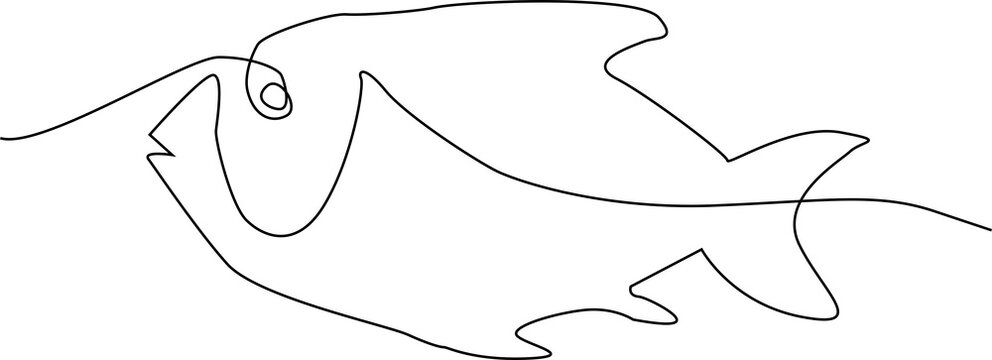 Minimalist continuous one line illustration of a tropical fish with a clean black contour on a white background.
