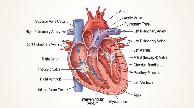 Human heart anatomical structure with detailed labels and blood flow vector illustration.