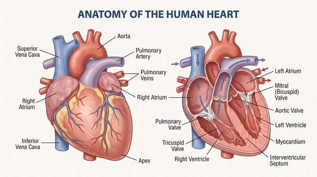 Human heart anatomical structure with detailed labels and blood flow vector illustration.