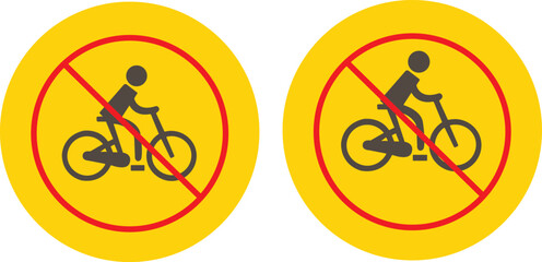 Fototapeta premium No cycling allowed vector icon set, yellow circular prohibition signs with red cross and bicycle rider symbol