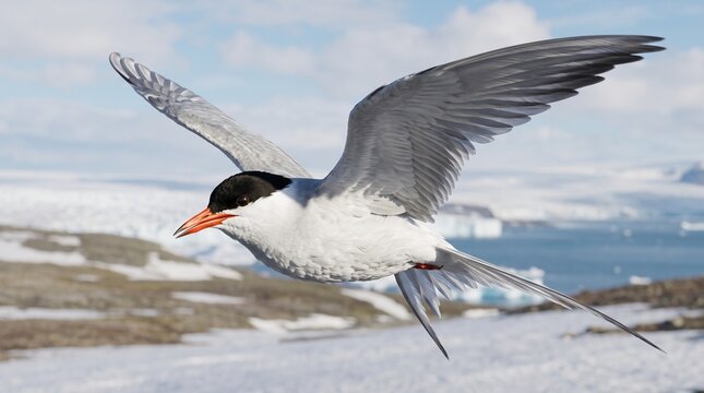 Arctic Tern flying over snowy landscape in the wild