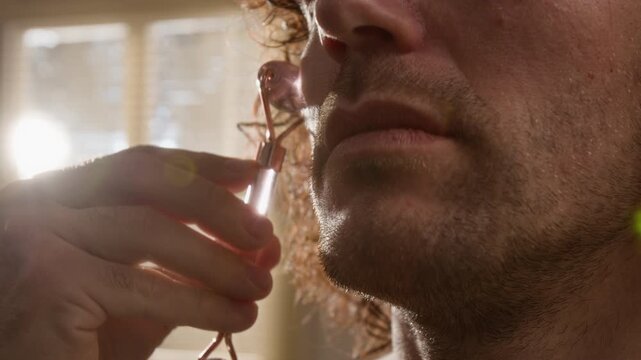 Young man massaging cheek with quartz facial roller, extreme close up. Footage perfect for male grooming advertisements, skincare product marketing and self-care campaigns