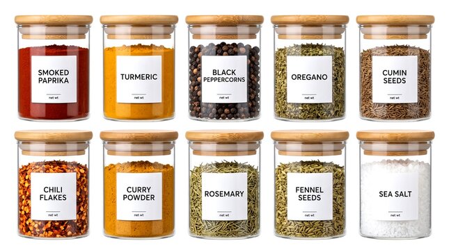 Ten minimalist kitchen pantry glass spice jars with bamboo lids and white labels arranged in rows on white background
