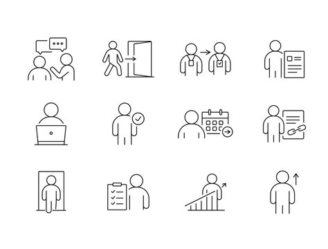 A set of employee lifecycle icons covering onboarding, development, performance, transitions, and offboarding processes in modern HR systems, created in line style with editable stroke