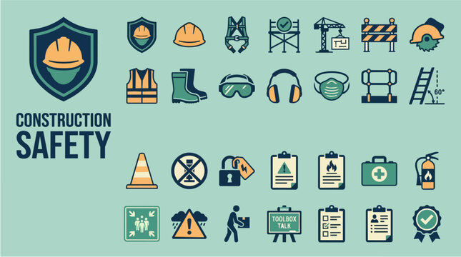 Construction safety icons, PPE equipment and industrial site protection for worker health, building project and workplace hazard. Protection, tools and gear with hard hat, vest and first aid kit now.