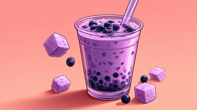 Taro Milk Bubble Tea with Tapioca Pearls,menu in cafe,Trendy,boba milk tea,banner for background,2026 food trends,space for text.