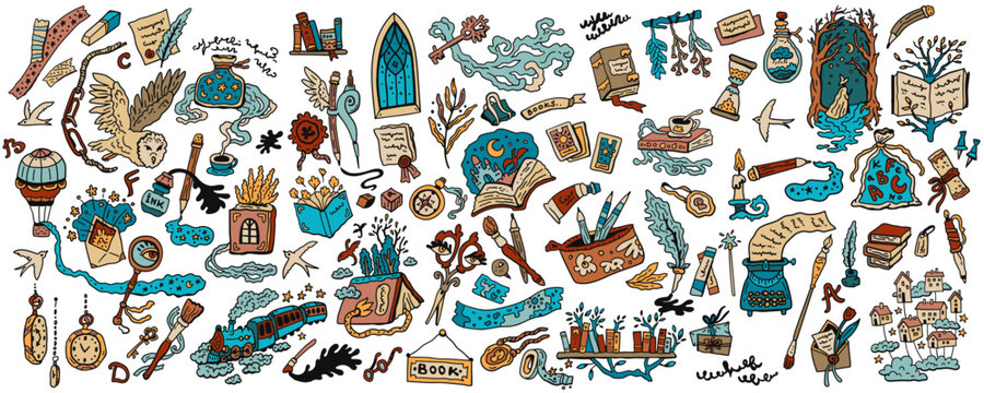 Vector illustration set of magical, witchcraft things pack clipart: owl, book, brush, window. Print, vintage School of Wizards. A large collection of fairytale objects