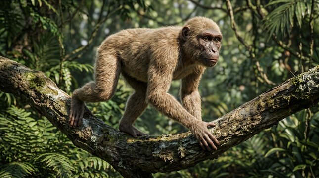 Primate walking on mossy log in dense tropical rainforest
