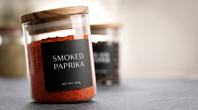 Minimalist glass spice jar with smoked paprika powder and black label sits on modern slate counter in bright airy kitchen