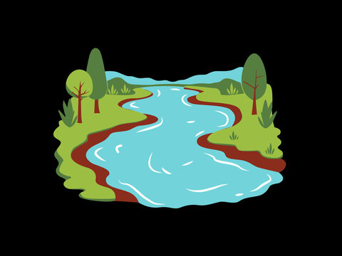 Winding blue river flows gently through lush green hills under a bright clear sunny sky